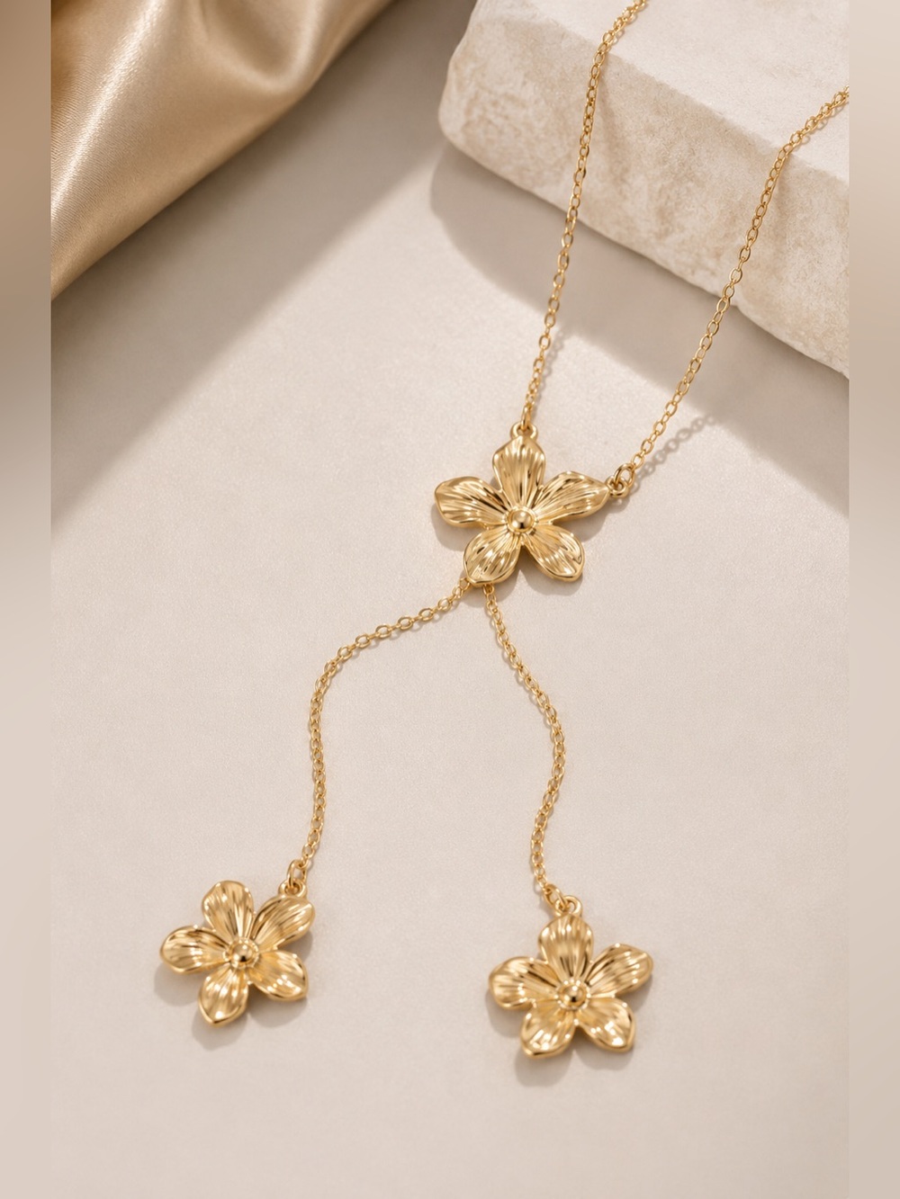 Gold Floral Y Necklace – Long Flower Drop Lariat Statement Necklace